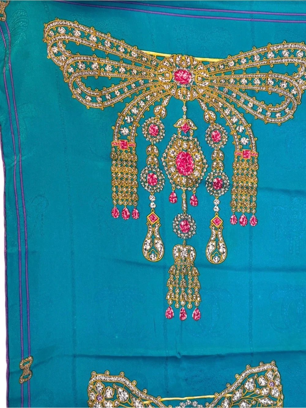 🌈 Cartier Teal “Collection of Brooches” Jewel-Embellished Silk Scarf